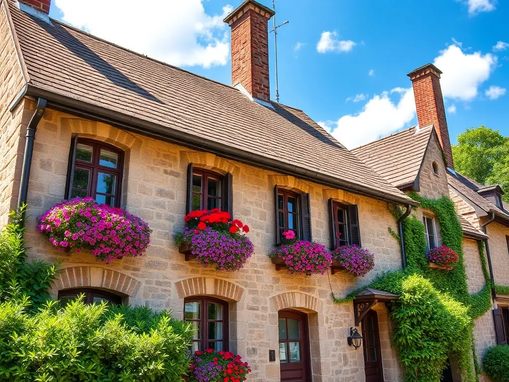 A beautifully restored stone building in Chénérailles, showcasing traditional architecture with vibrant flowers in window boxes, under a sunny sky. This image represents the association's commitment to preserving the town's architectural heritage.