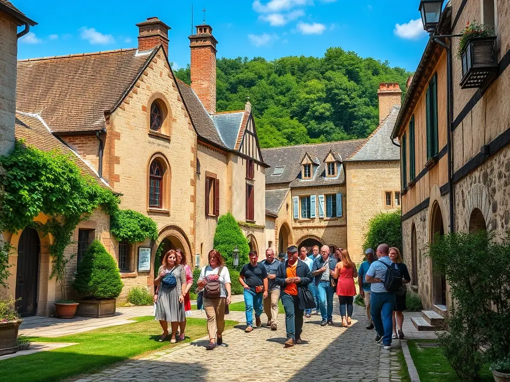 A group of volunteers participating in a community heritage walk in Chénérailles, guided by a local historian, illustrating the association's community engagement initiatives.