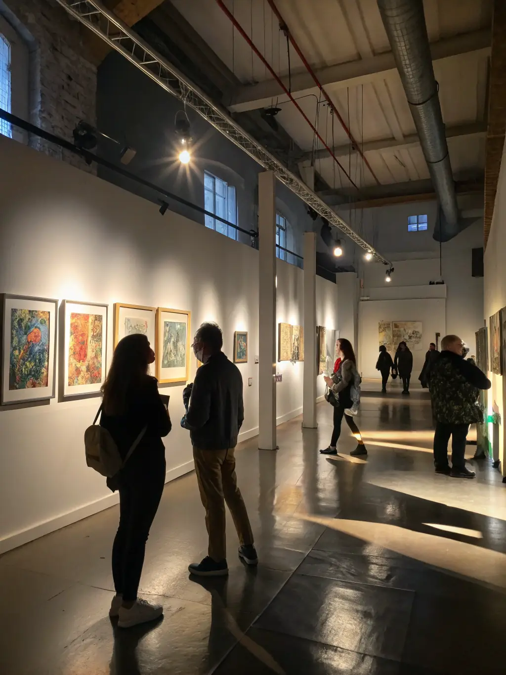 A vibrant scene from a local art exhibition featuring traditional crafts and artworks in Chénérailles. The exhibition includes paintings, sculptures, and handmade crafts displayed in a well-lit gallery space, with visitors admiring the art.