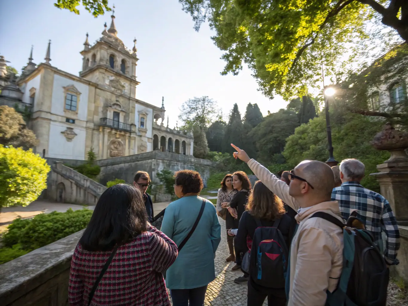 A photograph showing a group of people participating in a guided heritage walk through Chénérailles, learning about the town's history and landmarks from a knowledgeable guide.