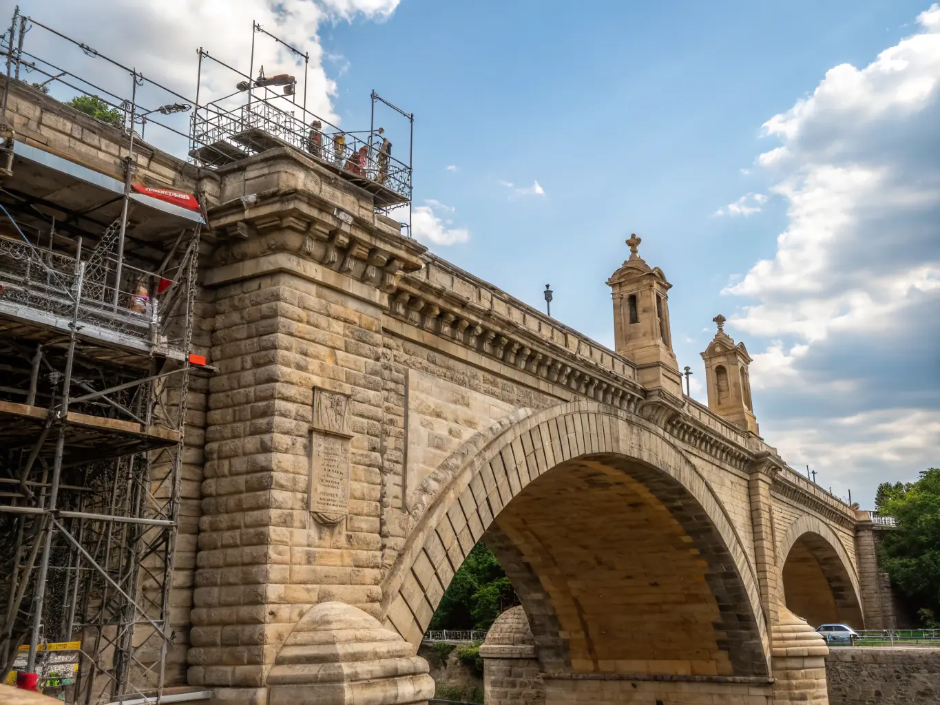 A restored medieval stone bridge in Chénérailles, showcasing the association's commitment to preserving architectural heritage. The image should highlight the bridge's historical significance and the meticulous restoration work.