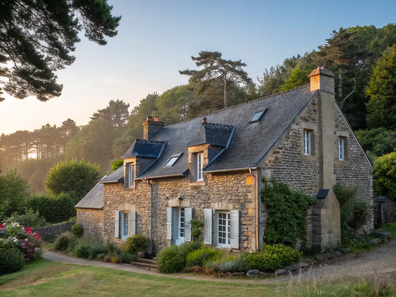 A beautifully restored stone building in Chénérailles, showcasing traditional architecture with vibrant flowers in window boxes, symbolizing the association's commitment to heritage preservation.