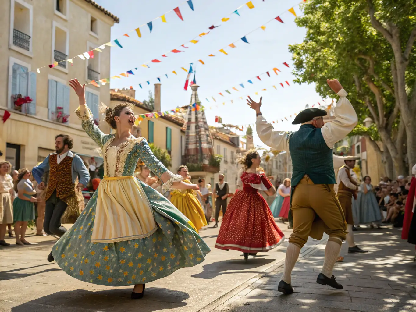 A vibrant image capturing a cultural festival in Chénérailles, with people enjoying traditional music, dance, and local crafts, highlighting the promotion of artistic heritage.