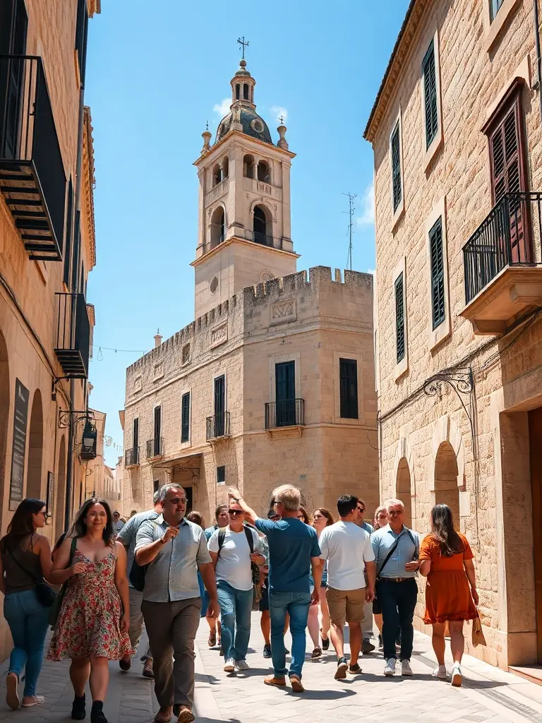 A group of volunteers participating in a heritage walk through historic sites in Chénérailles. The group is led by a guide and includes people of all ages, walking along a cobblestone street lined with historic buildings.
