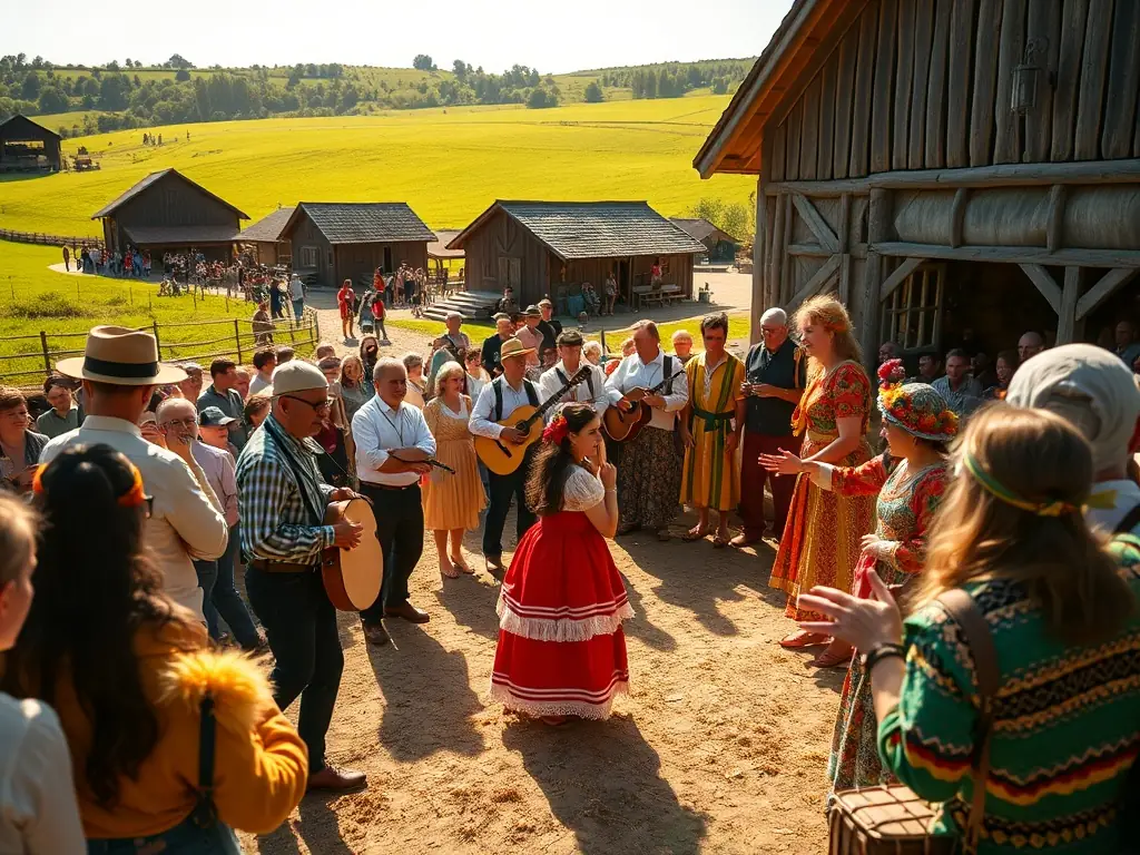 A vibrant scene from a cultural festival in Chénérailles, featuring local artists and artisans. The image should capture the energy and community spirit of the event.