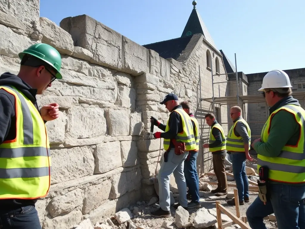 A photograph depicting volunteers working on the restoration of an old stone building in Chénérailles, showcasing the meticulous work and community involvement in preserving architectural heritage.