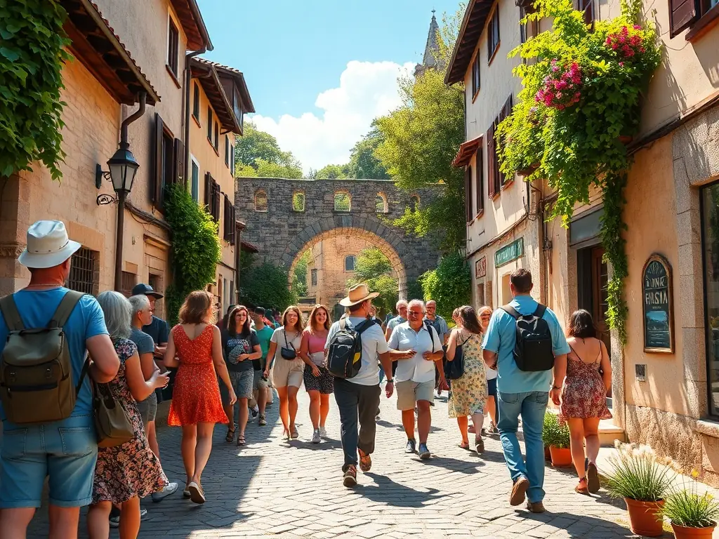 A group of volunteers participating in a heritage walk in Chénérailles, led by a knowledgeable guide. The image should convey a sense of community involvement and appreciation for the town's history.