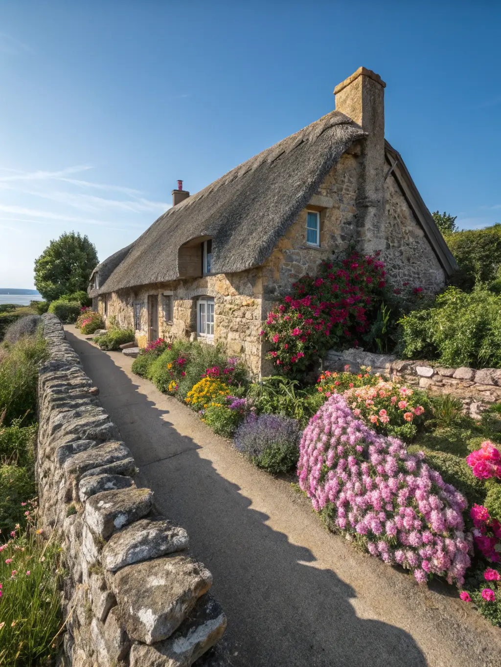 An image of a restored historic building in Chénérailles, showcasing traditional architecture and ongoing preservation work. The building is made of stone, with a red tile roof and wooden shutters. The surrounding landscape includes a well-maintained garden and a clear blue sky.